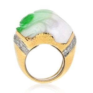 David Webb Platinum & 18K Yellow Gold Carved Jade And Diamond Ring